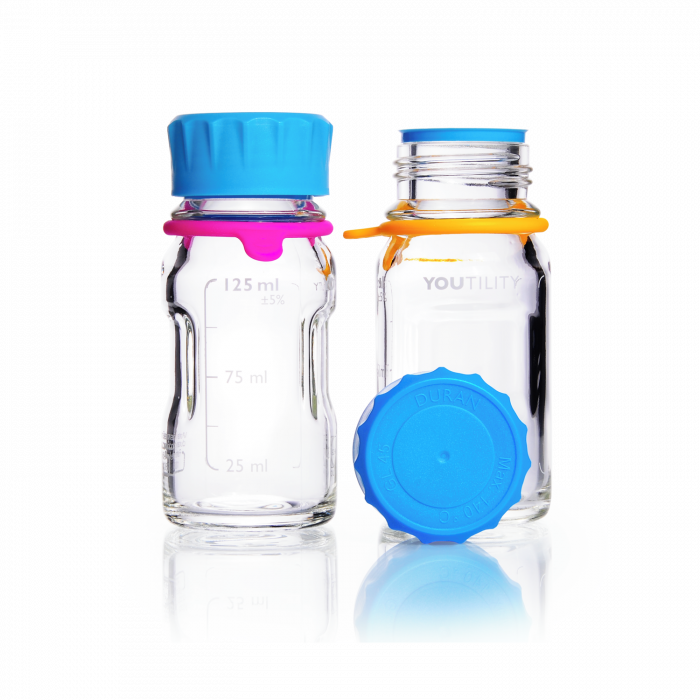 DURAN® YOUTILITY® GL 45 Laboratory Bottle (clear), with screw cap and pouring ring (PP, cyan), 125 mL