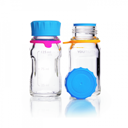 DURAN® YOUTILITY® GL 45 Laboratory Bottle (clear), with screw cap and pouring ring (PP, cyan), 125 mL