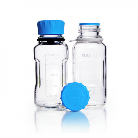 DURAN® YOUTILITY® GL 45 Laboratory Bottle (clear), with screw cap and pouring ring (PP, cyan), 250 mL