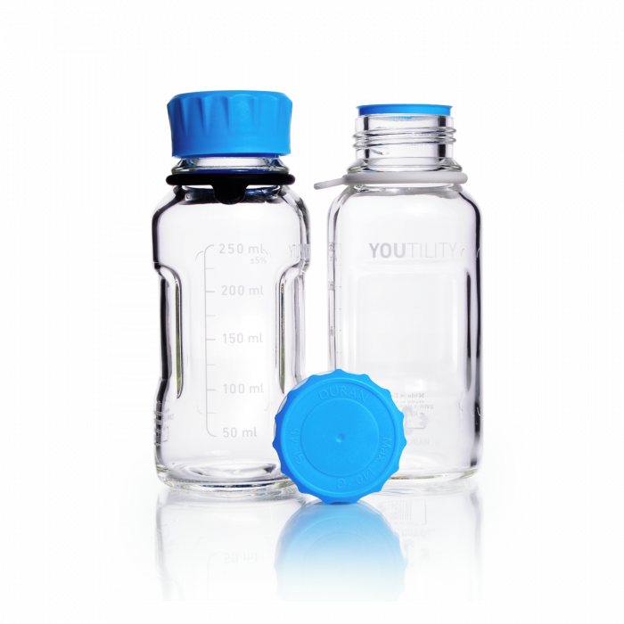 DURAN® YOUTILITY® GL 45 Laboratory Bottle (clear), with screw cap and pouring ring (PP, cyan), 250 mL
