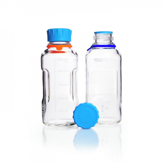 DURAN® YOUTILITY® GL 45 Laboratory Bottle (clear), with screw cap and pouring ring (PP, cyan), 500 mL