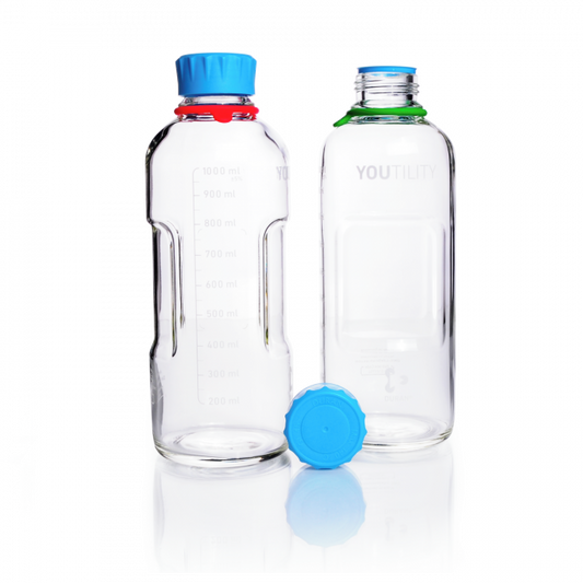 DURAN® YOUTILITY® GL 45 Laboratory Bottle (clear), with screw cap and pouring ring (PP, cyan), 1000 mL