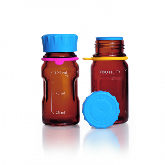 DURAN® YOUTILITY® GL 45 Laboratory Bottle (amber), with screw cap and pouring ring (PP, cyan), 125 mL