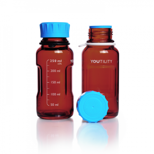 DURAN® YOUTILITY® GL 45 Laboratory Bottle (amber), with screw cap and pouring ring (PP, cyan), 250 mL