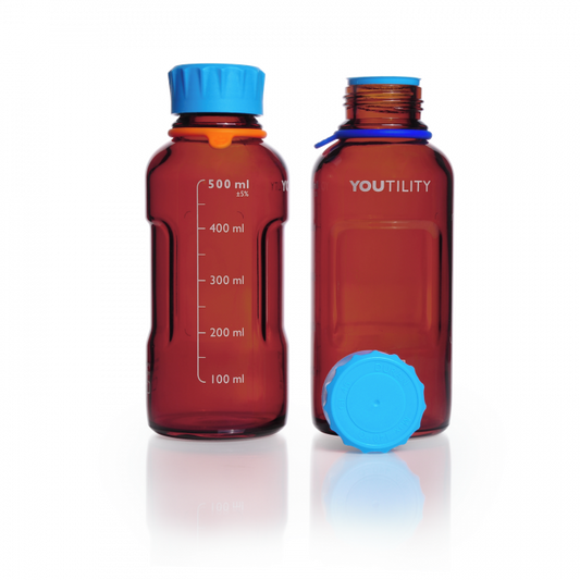 DURAN® YOUTILITY® GL 45 Laboratory Bottle (amber), with screw cap and pouring ring (PP, cyan), 500 mL