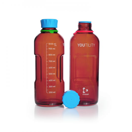 DURAN® YOUTILITY® GL 45 Laboratory Bottle (amber), with screw cap and pouring ring (PP, cyan), 1000 mL