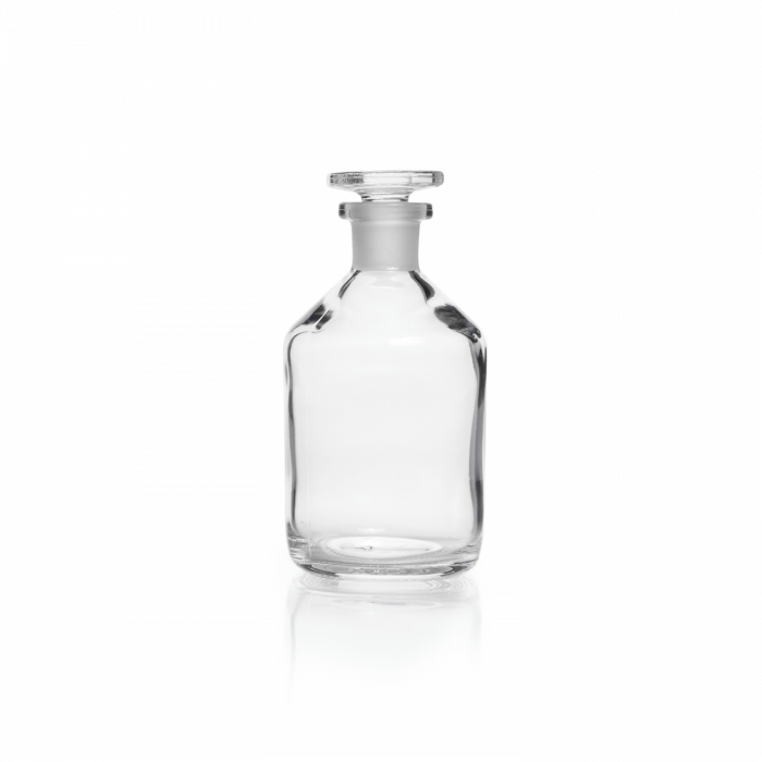 Reagent Bottle, narrow neck, soda-lime glass, clear, ST 19/26 ground joint, with glass stopper, 250 mL
