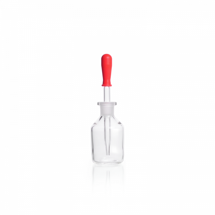 Dropping Bottle, soda-lime glass, clear, complete with replaceable ground jointed glass pipette and rubber teat, 100 mL