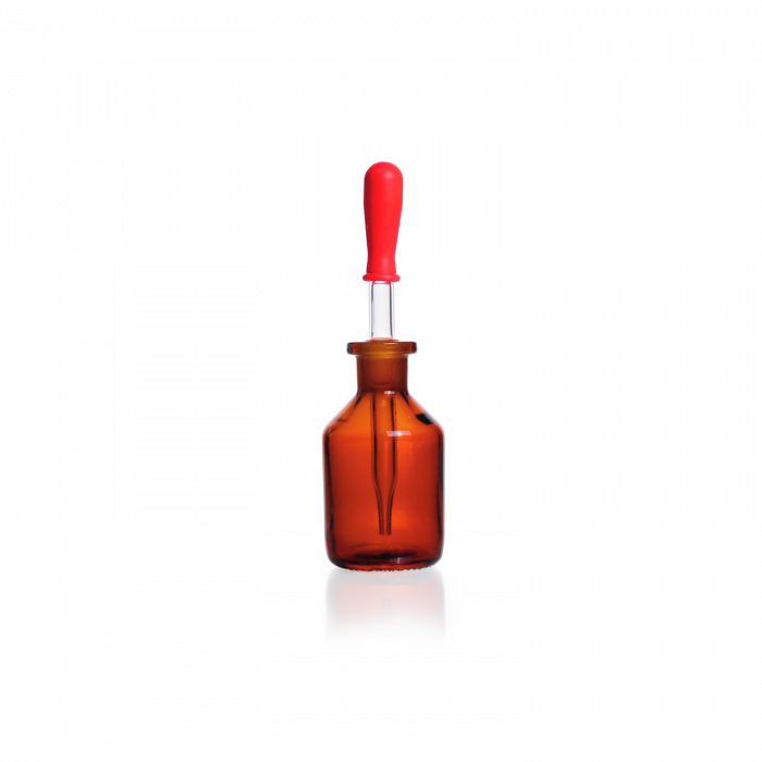 Dropping Bottle, soda-lime glass, amber, complete with replaceable ground jointed glass pipette and rubber teat, 100 mL