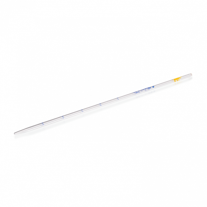 Measuring Pipette, from soda-lime glass, Class AS, Type 1, blue print, drain-out, zero at top, graduated, main volumes ring marked with cotton plug, with batch certificate and CoC, 1 mL