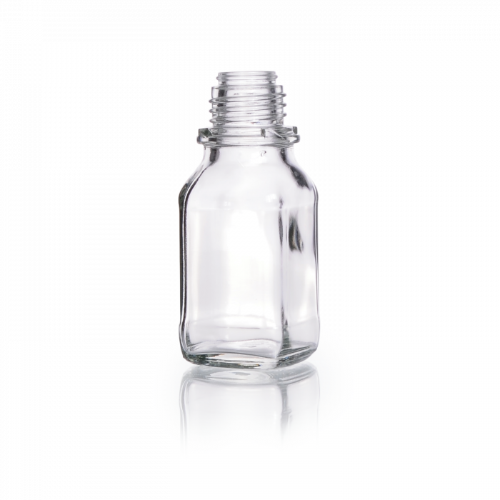 Screw-Top Square Bottle, soda-lime glass, clear, narrow mouth, high form, with DIN 32 H thread, 100 mL