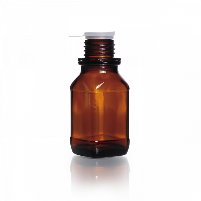 Screw-Top Square Bottle, soda-lime glass, amber, narrow mouth, high form, with DIN 32 H thread, 100 mL