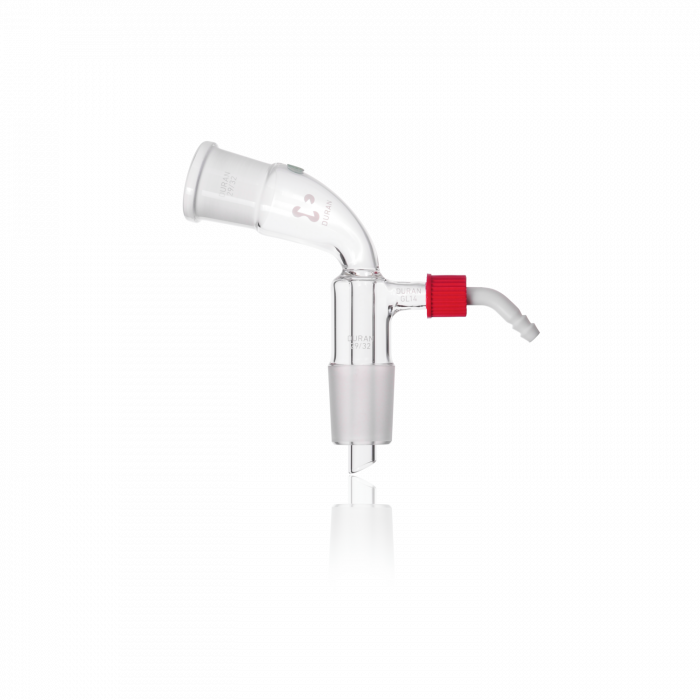 DURAN® Vacuum Receiver Adapter, bent, NS 29/32, with 2 standard ground joints and screw-on plastic hose connection