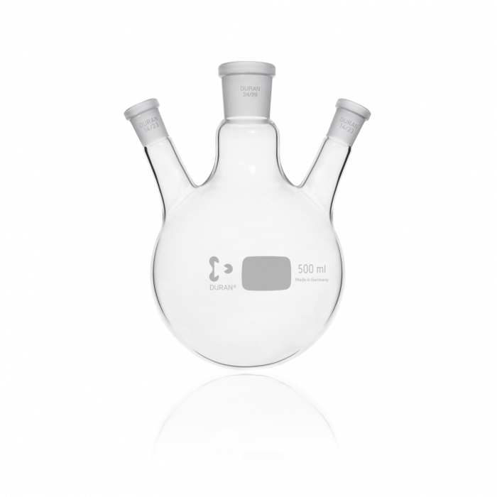 DURAN® Triple-Neck Round Bottom Flask, inclined side neck NS 14/23, center neck NS 29/32, 500 mL
