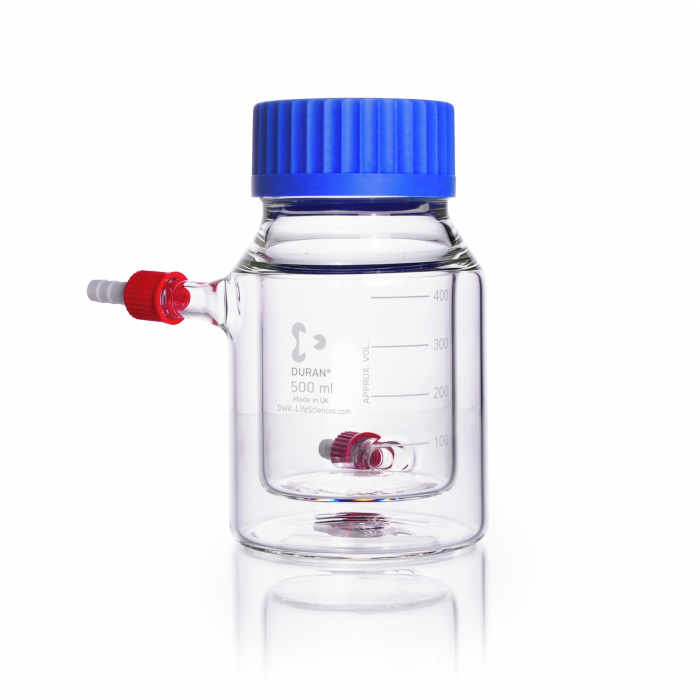 DURAN® GLS 80® Laboratory Bottle, double walled (jacketed), wide mouth, clear, with screw cap and pouring ring, PP, blue, 500 mL