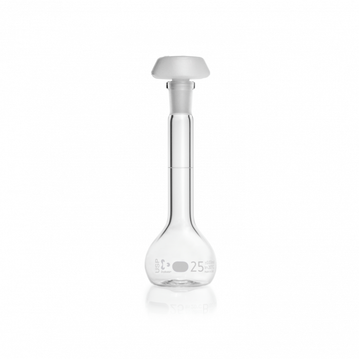 DURAN® Volumetric Flask, Class A, USP conformity <31>, with USP individual certificate and CoC, with graduation mark and ergonomic polyethylene stopper, blue print, 100 mL