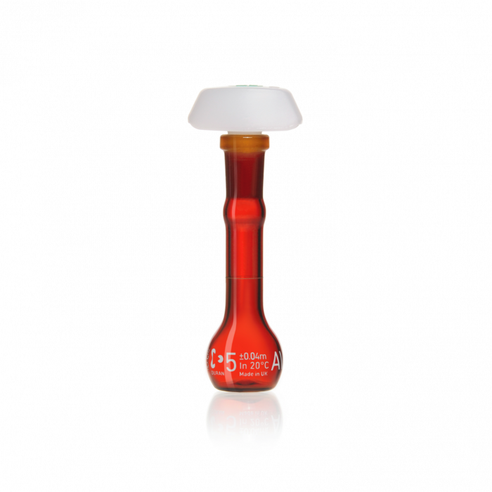 DURAN® Volumetric Flask, Class A, amber, white print, with graduation mark and ergonomic polyethylene stopper, with batch certificate and CoC, 20 mL