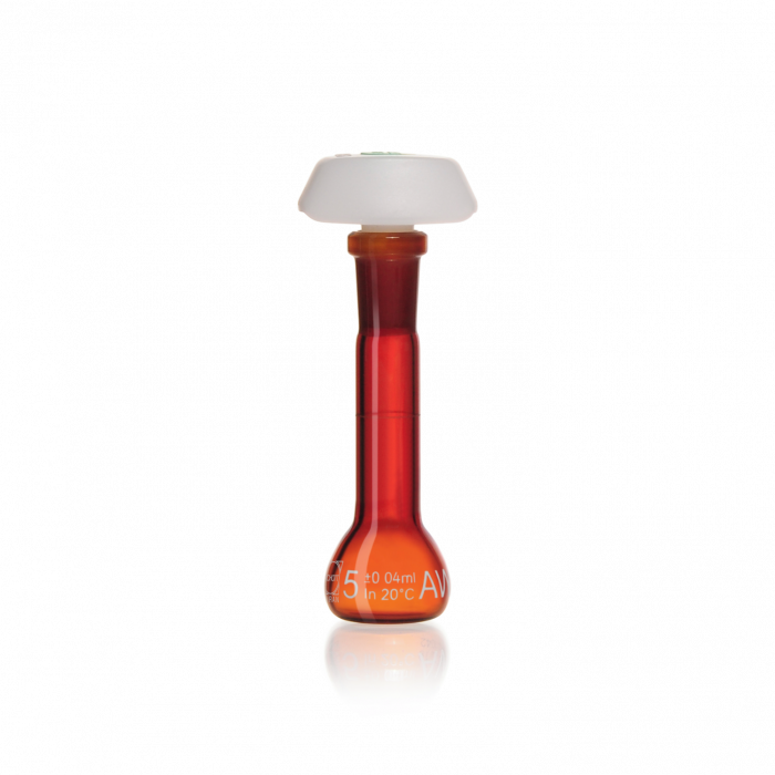 DURAN® Volumetric Flask, Class A, amber, white print, with graduation mark and ergonomic polyethylene stopper, with individual certificate and CoC, 10 mL