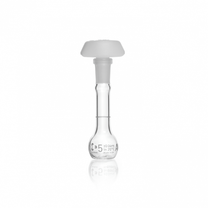 DURAN® Volumetric Flask, Class A, blue print, with graduation mark and ergonomic polyethylene stopper, with batch certificate and CoC, 200 mL