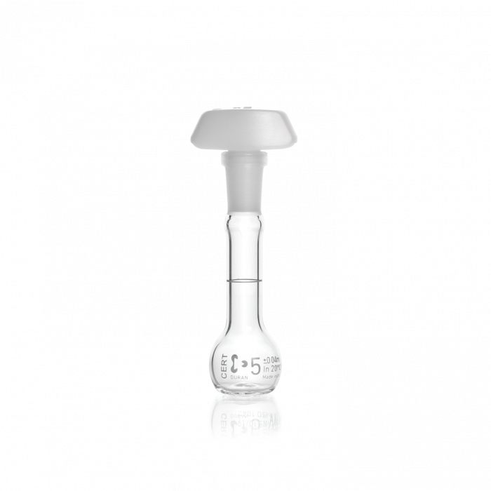DURAN® Volumetric Flask, Class A, with individual certificate and CoC, with graduation mark and ergonomic polyethylene stopper, blue print, 100 mL
