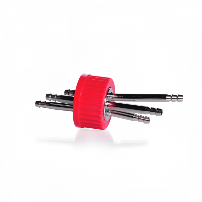 DURAN® GL 45 Stainless Steel Connector Cap (PBT, red),  with 3 ports, with O-ring (silicone)