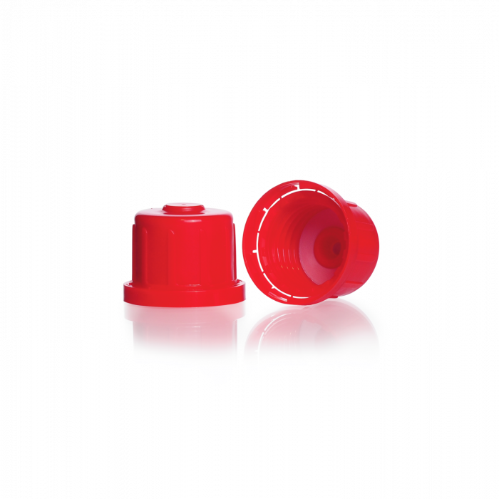 Tamper Evident Screw Cap, vented, narrow mouth, PP, red, for soda-lime glass screw-top bottles with DIN 45 H thread